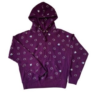Champion Reverse Weave Youth Repeated Logo Purple‎ Pullover Hoodie Size Large